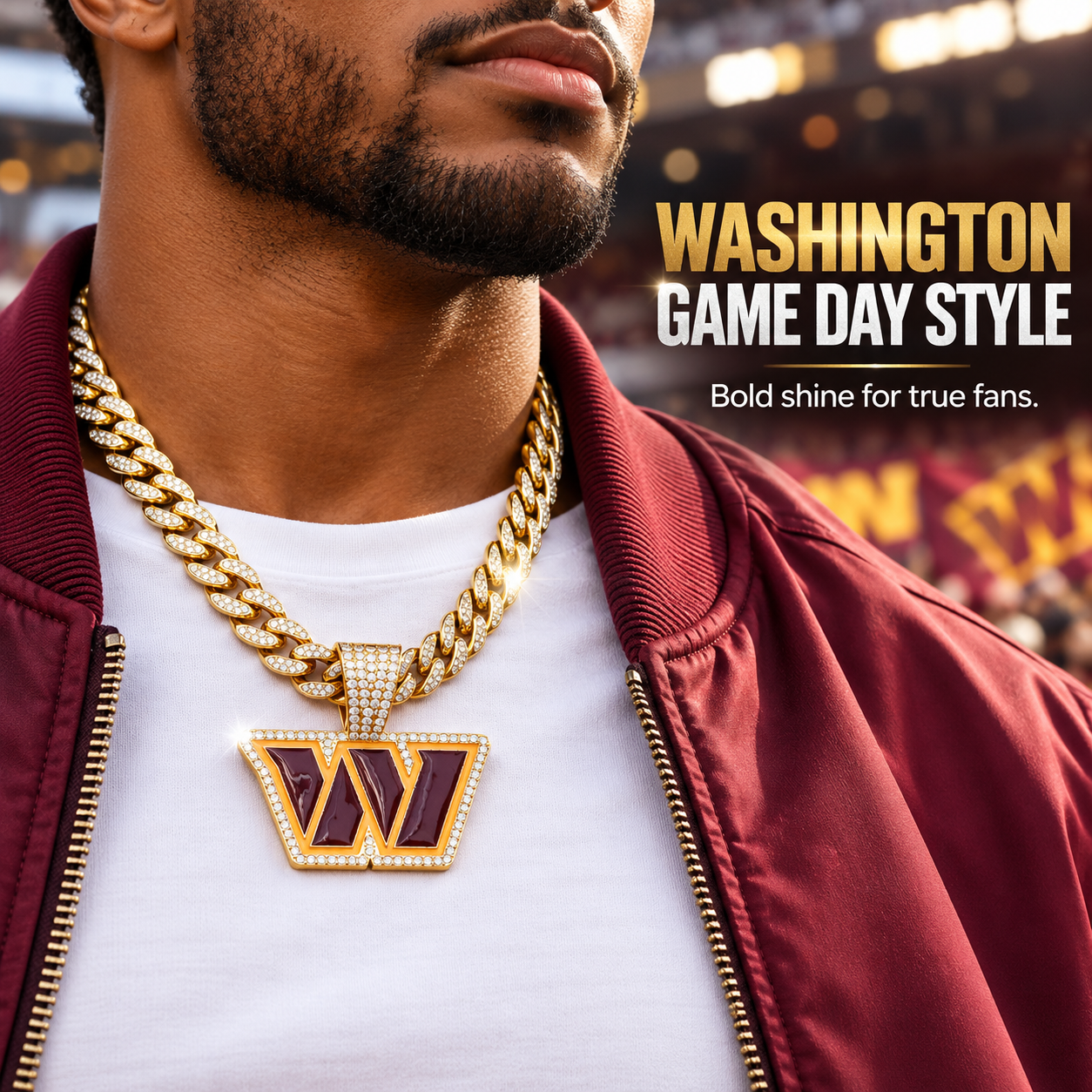 Washington Commanders Necklace, Gold Iced Cuban Link Chain with Rhinestone W Pendant, Football Fan Jewelry