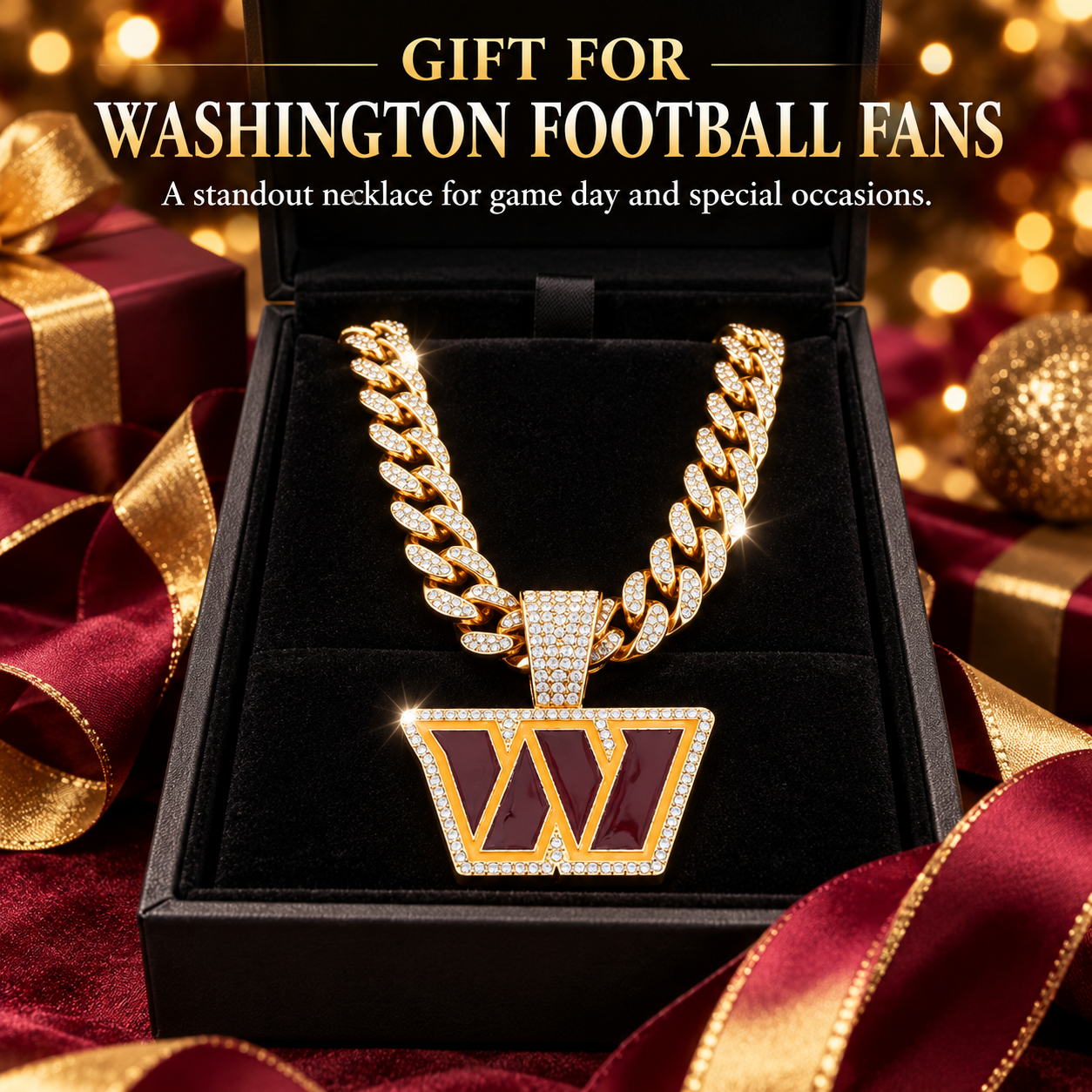 Washington Commanders Necklace, Gold Iced Cuban Link Chain with Rhinestone W Pendant, Football Fan Jewelry