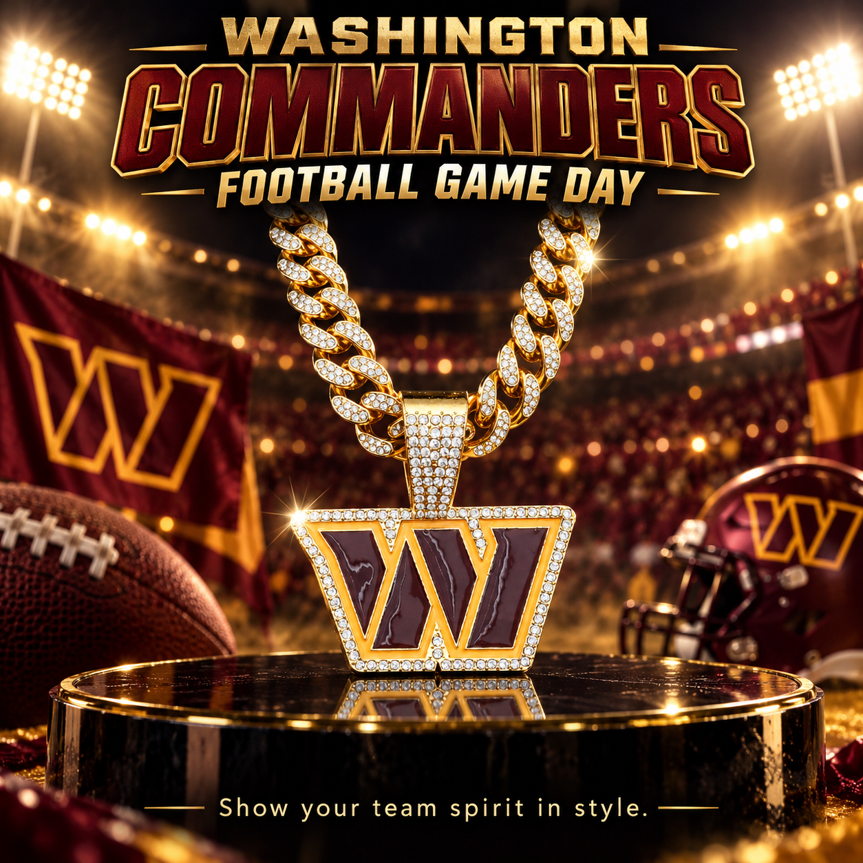Washington Commanders Necklace, Gold Iced Cuban Link Chain with Rhinestone W Pendant, Football Fan Jewelry