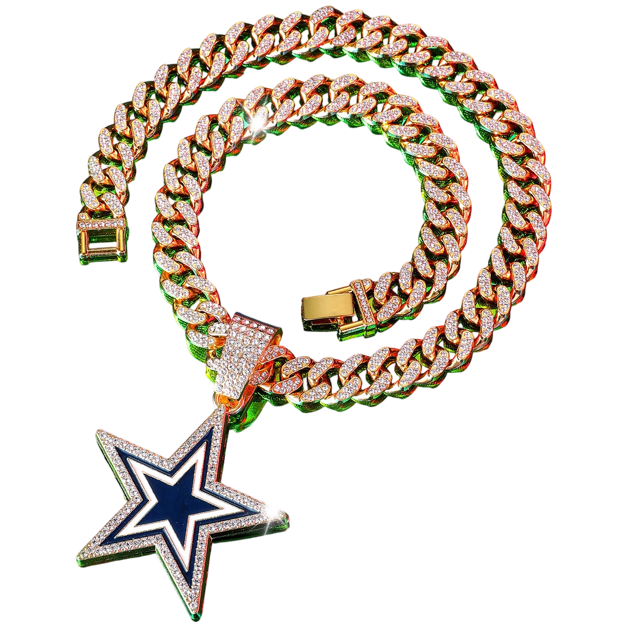 Dallas Cowboys Star Pendant Necklace, Iced Cuban Link Chain, Silver Rhinestone Football Fan Jewelry