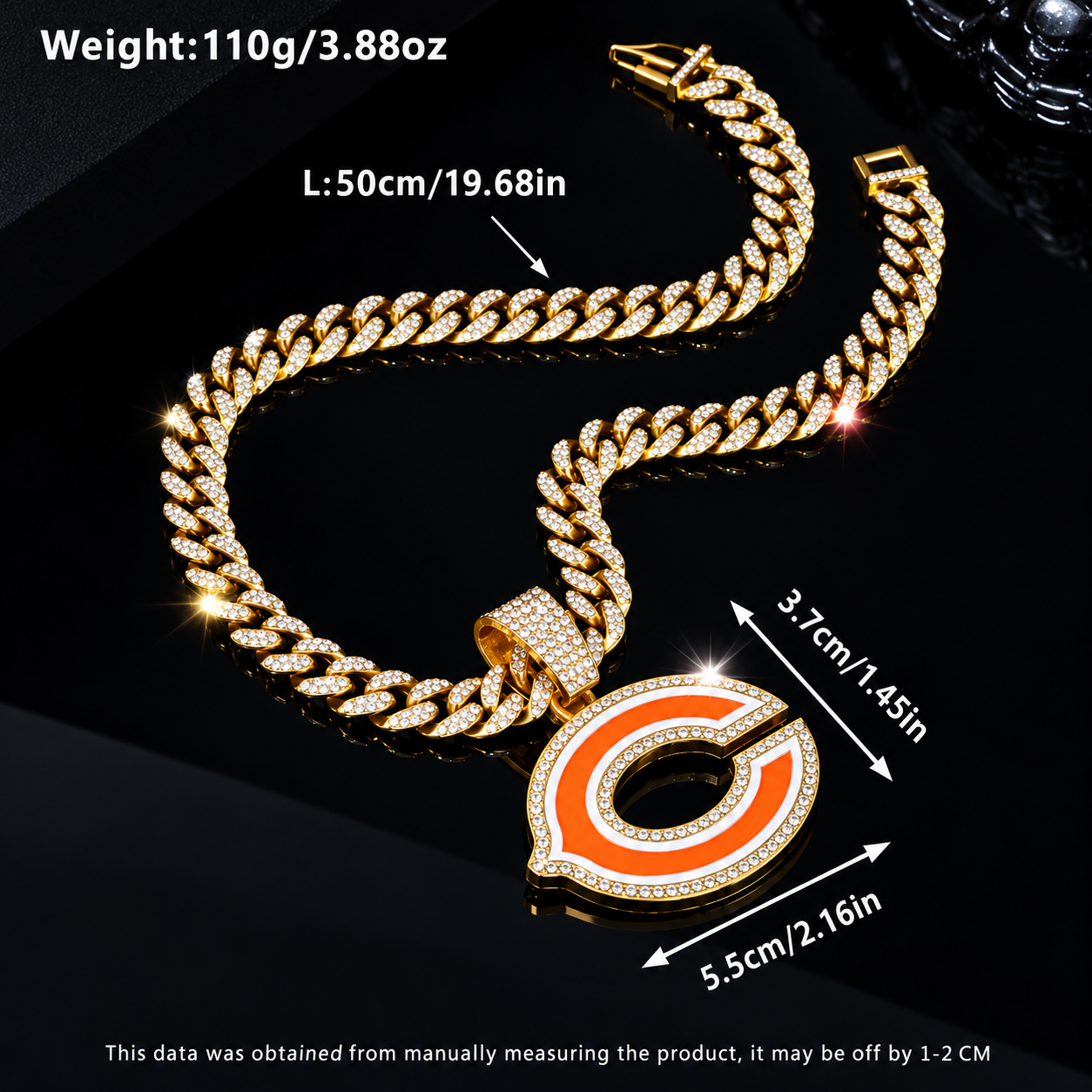 Chicago Bears Necklace, Gold Iced Cuban Link Chain with Rhinestone C Pendant, Football Fan Jewelry