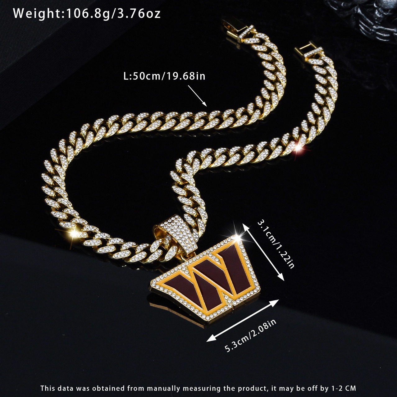 Washington Commanders Necklace, Gold Iced Cuban Link Chain with Rhinestone W Pendant, Football Fan Jewelry