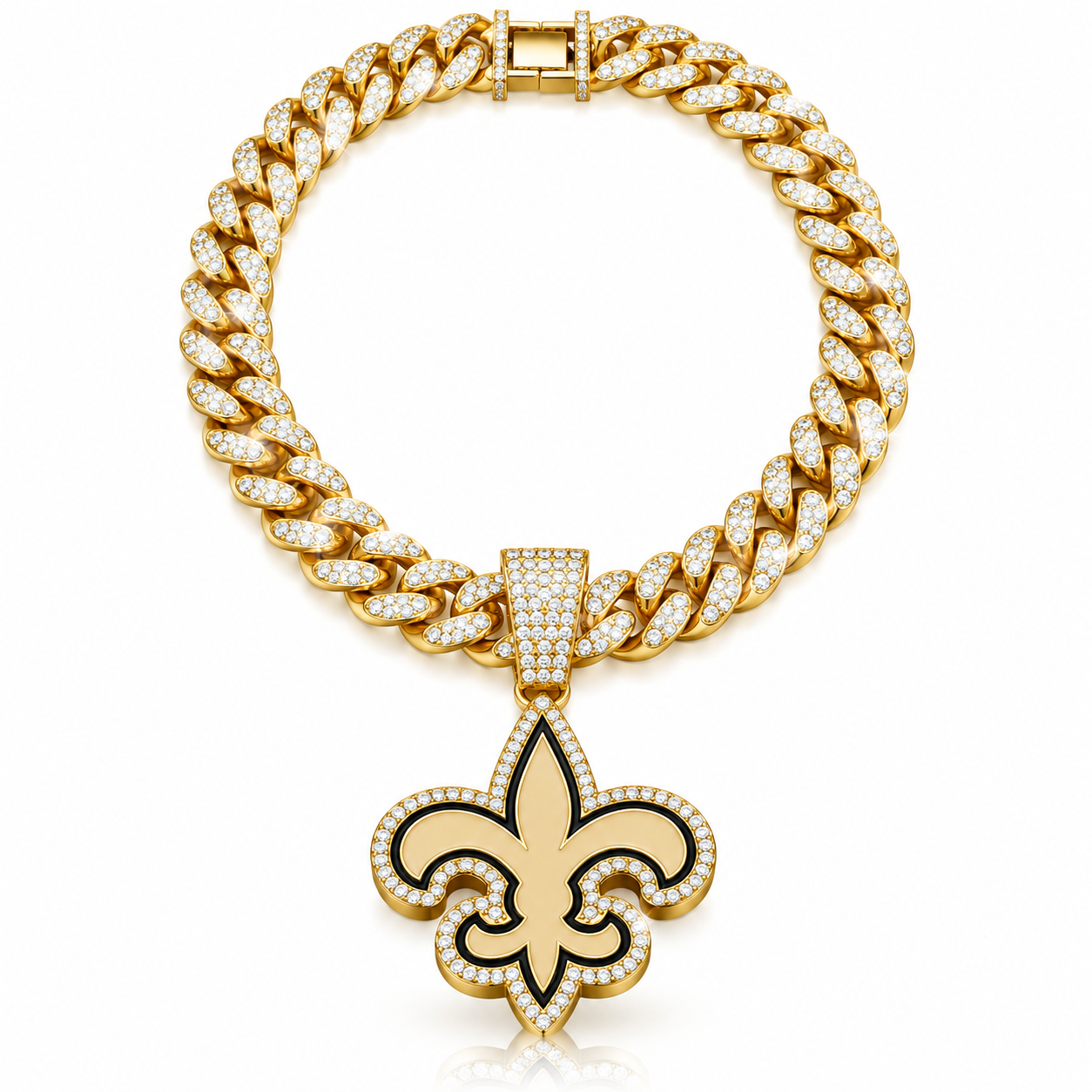 New Orleans Saints Necklace, Gold Iced Cuban Link Chain with Rhinestone Fleur de Lis Pendant, Football Fan Jewelry