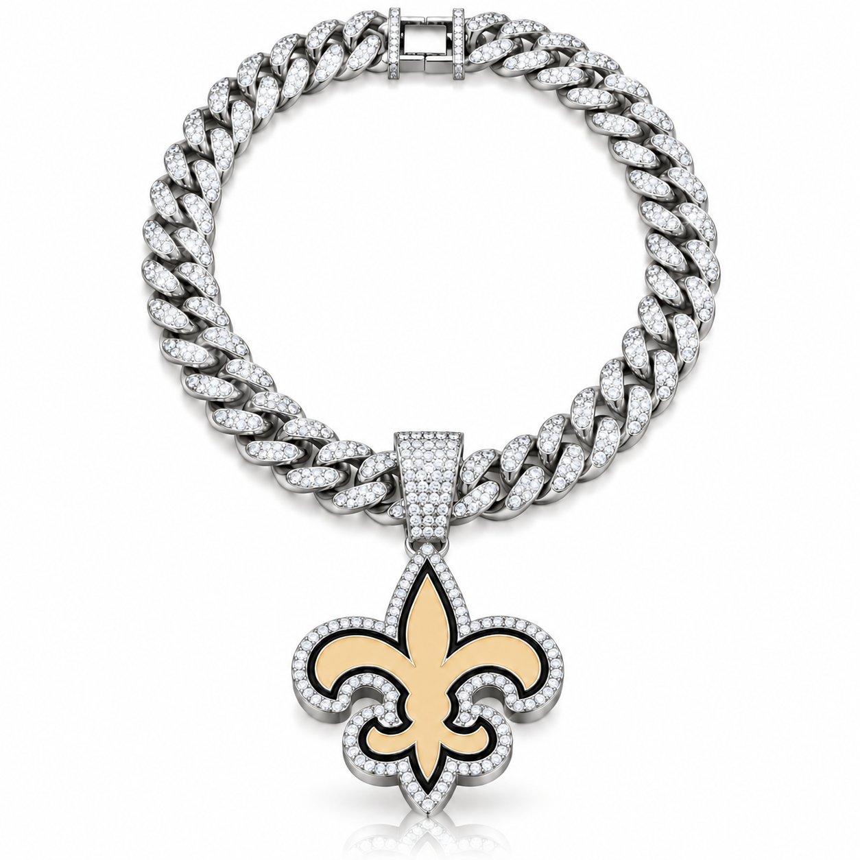 New Orleans Saints Necklace, Gold Iced Cuban Link Chain with Rhinestone Fleur de Lis Pendant, Football Fan Jewelry