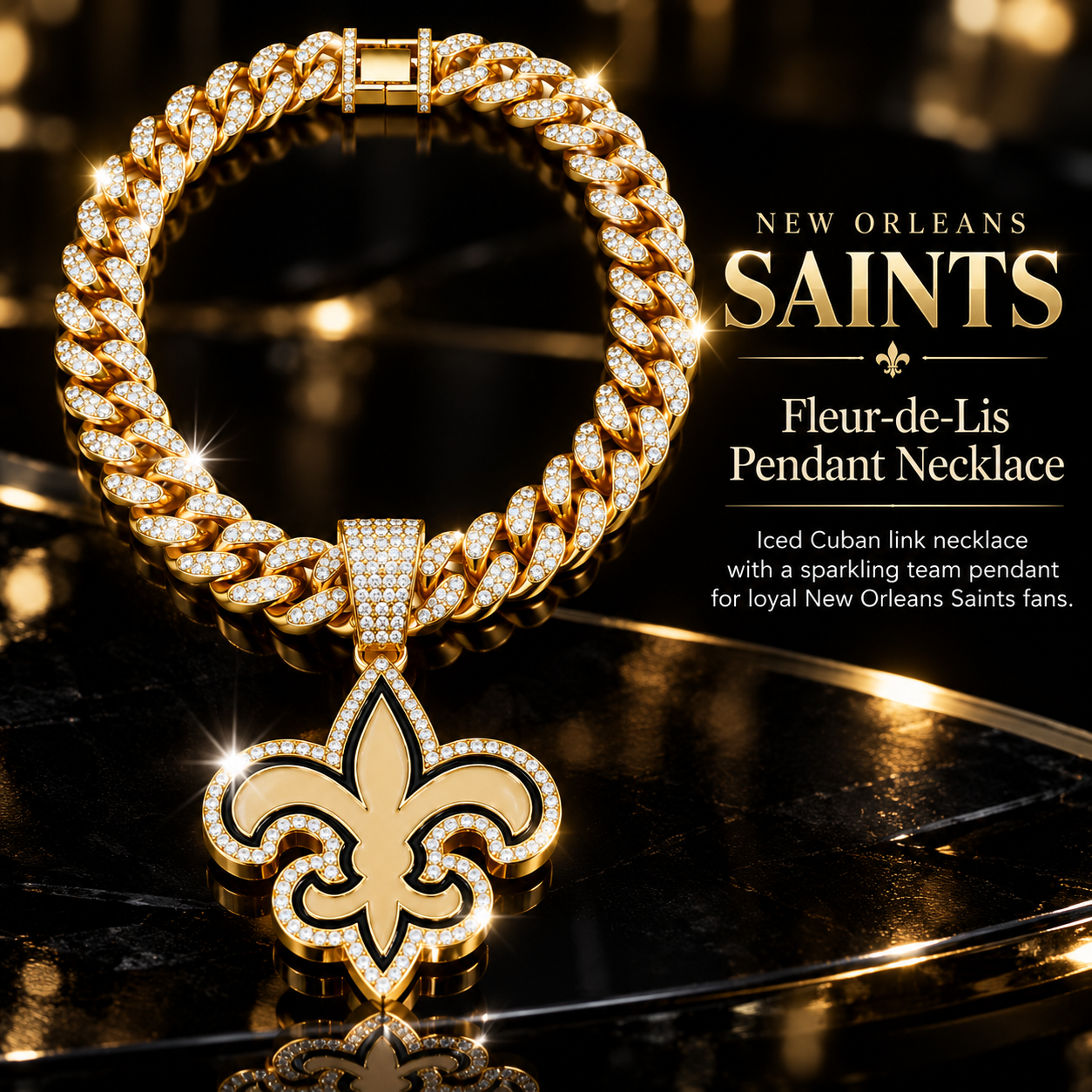 New Orleans Saints Necklace, Gold Iced Cuban Link Chain with Rhinestone Fleur de Lis Pendant, Football Fan Jewelry