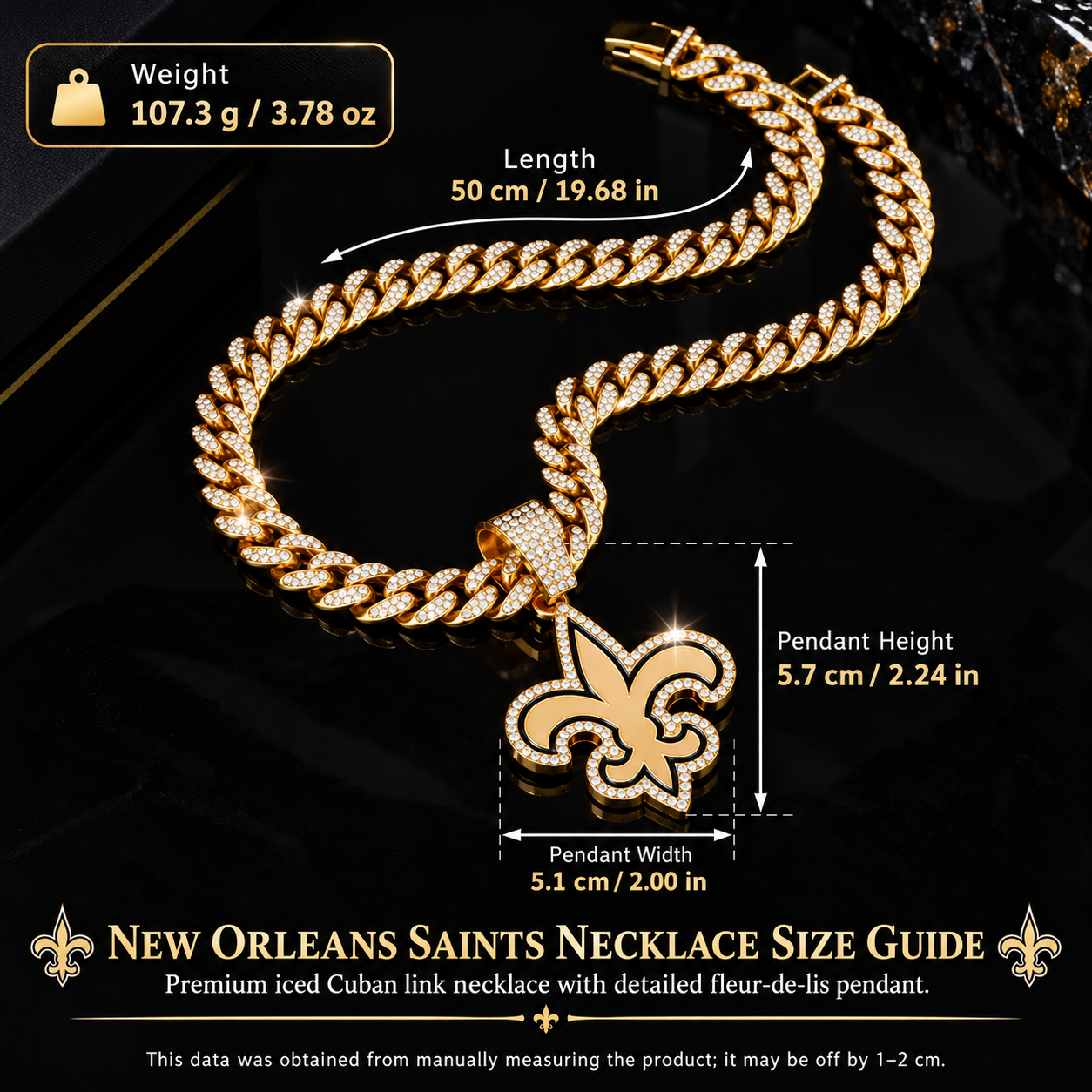 New Orleans Saints Necklace, Gold Iced Cuban Link Chain with Rhinestone Fleur de Lis Pendant, Football Fan Jewelry