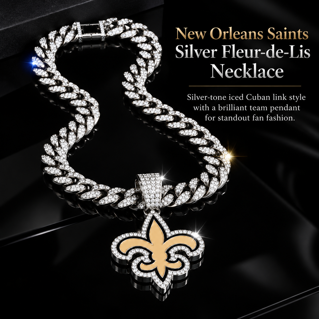 New Orleans Saints Necklace, Gold Iced Cuban Link Chain with Rhinestone Fleur de Lis Pendant, Football Fan Jewelry