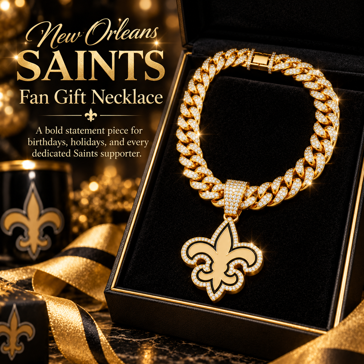 New Orleans Saints Necklace, Gold Iced Cuban Link Chain with Rhinestone Fleur de Lis Pendant, Football Fan Jewelry