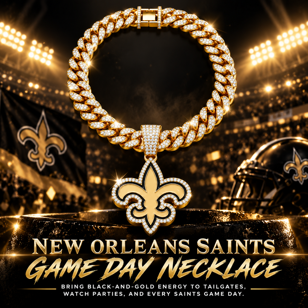 New Orleans Saints Necklace, Gold Iced Cuban Link Chain with Rhinestone Fleur de Lis Pendant, Football Fan Jewelry