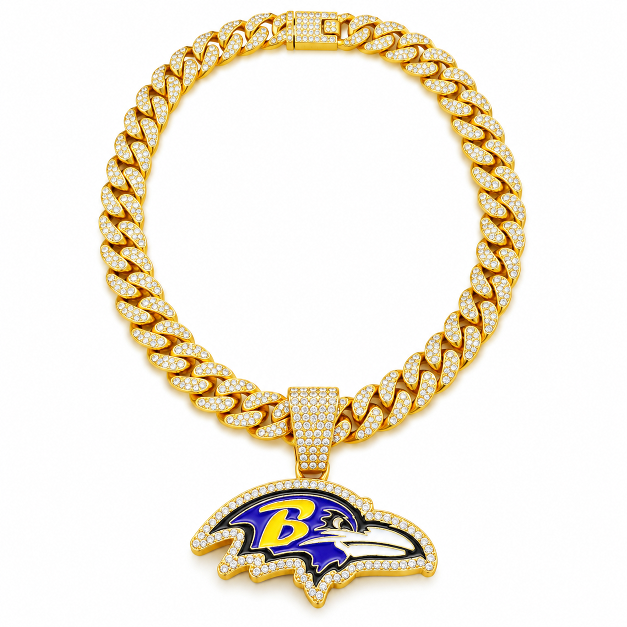 Baltimore Ravens Necklace, Gold Iced Cuban Link Chain with Rhinestone Raven Head Pendant, Football Fan Jewelry