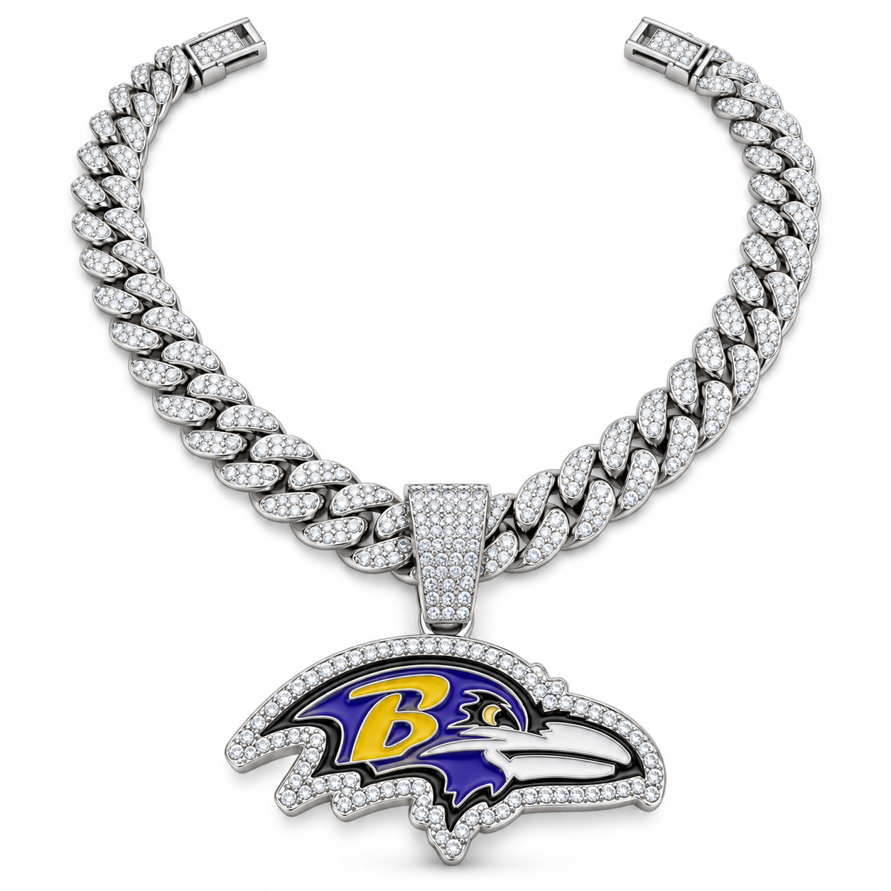 Baltimore Ravens Necklace, Gold Iced Cuban Link Chain with Rhinestone Raven Head Pendant, Football Fan Jewelry