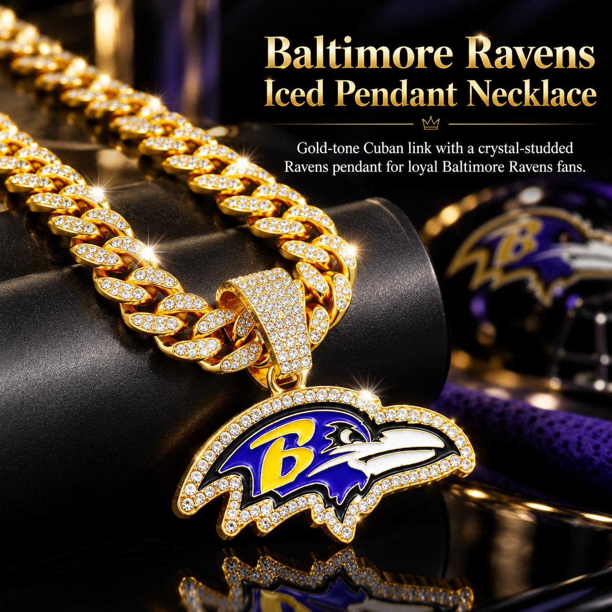 Baltimore Ravens Necklace, Gold Iced Cuban Link Chain with Rhinestone Raven Head Pendant, Football Fan Jewelry