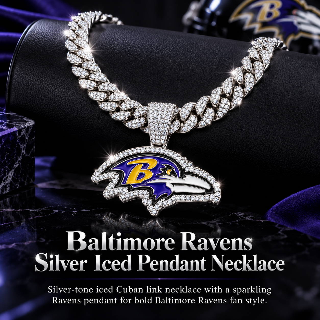 Baltimore Ravens Necklace, Gold Iced Cuban Link Chain with Rhinestone Raven Head Pendant, Football Fan Jewelry