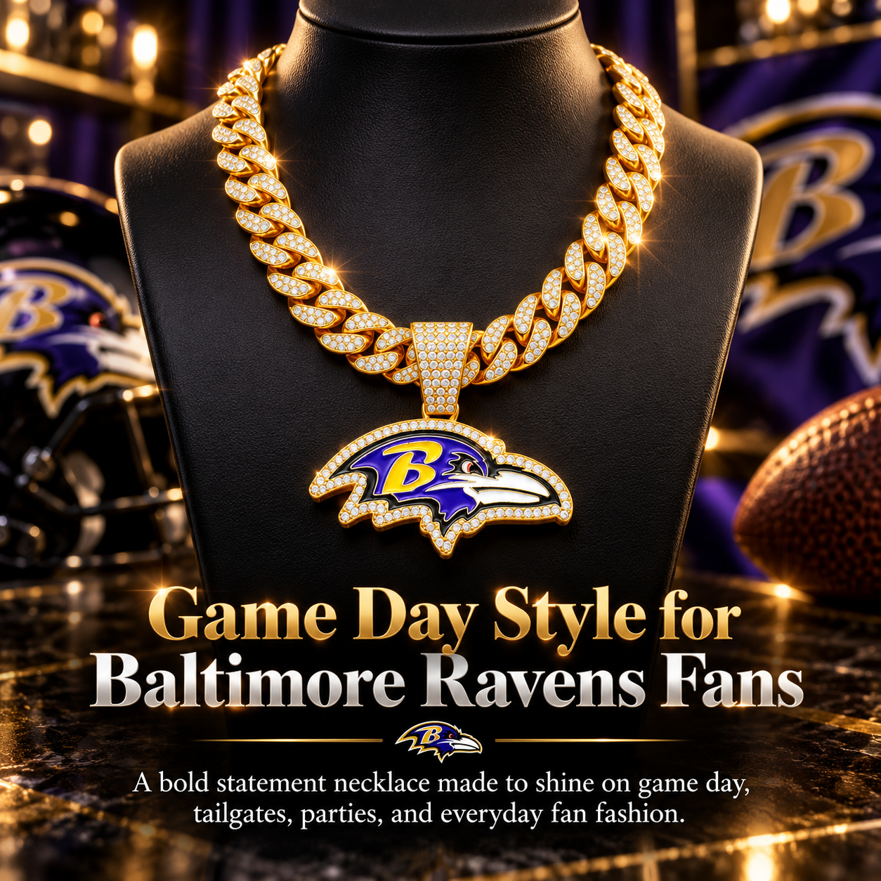 Baltimore Ravens Necklace, Gold Iced Cuban Link Chain with Rhinestone Raven Head Pendant, Football Fan Jewelry