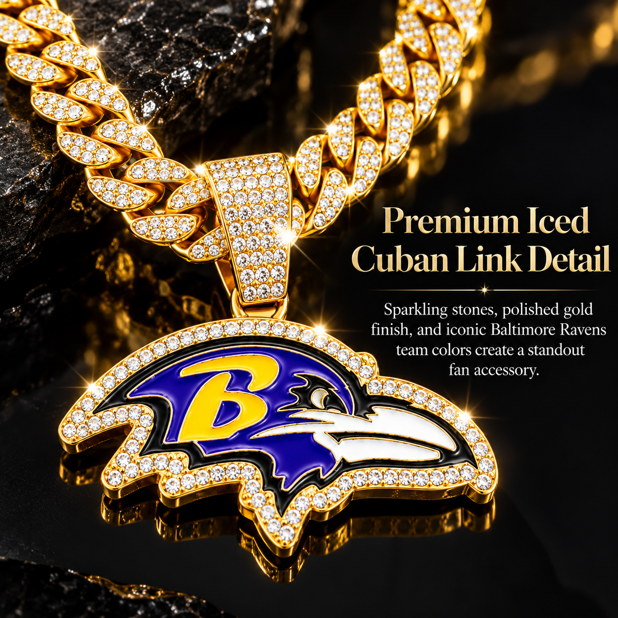 Baltimore Ravens Necklace, Gold Iced Cuban Link Chain with Rhinestone Raven Head Pendant, Football Fan Jewelry