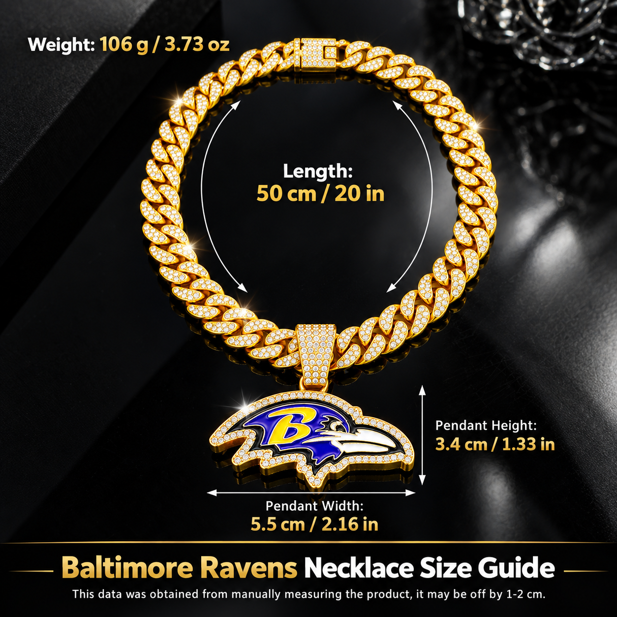 Baltimore Ravens Necklace, Gold Iced Cuban Link Chain with Rhinestone Raven Head Pendant, Football Fan Jewelry