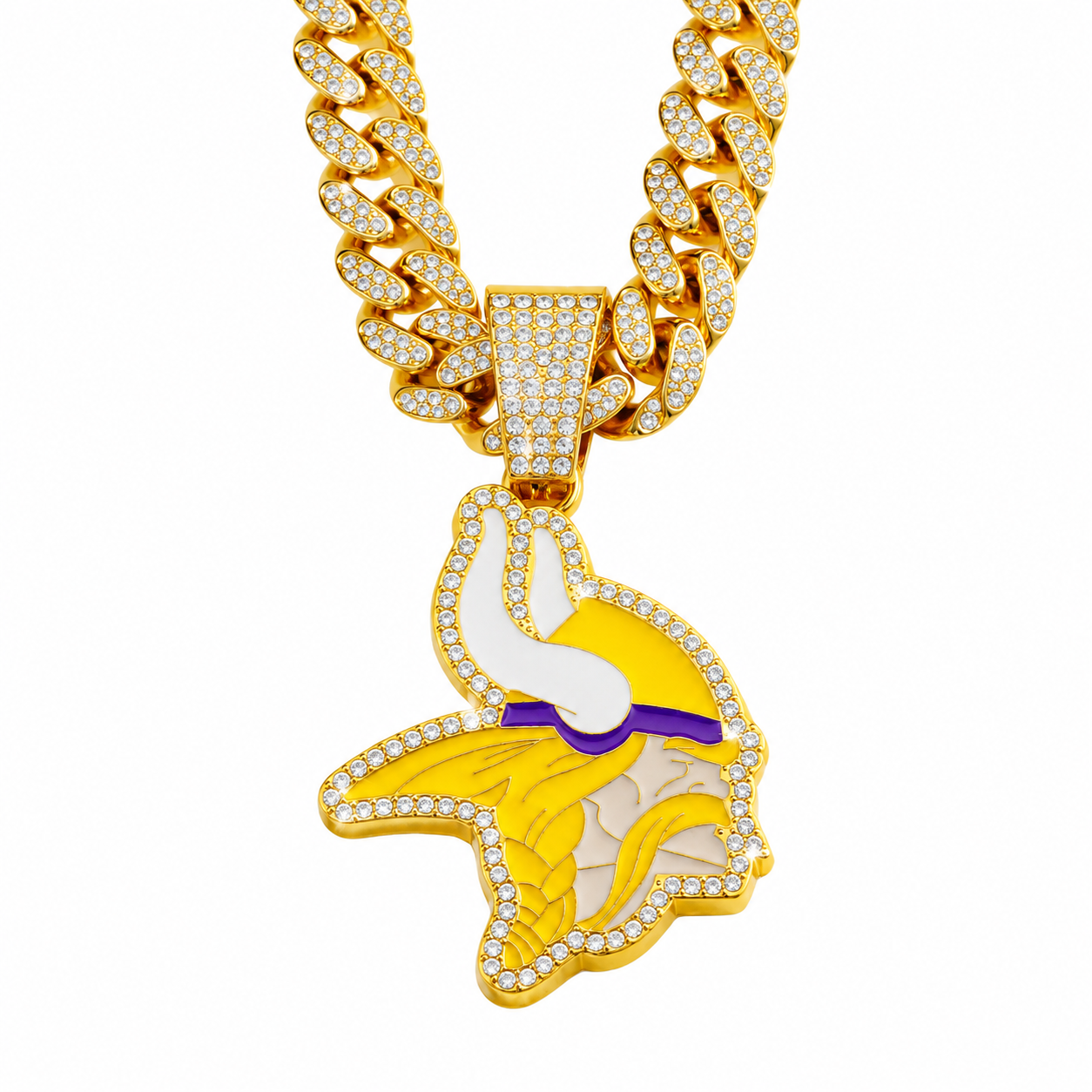 Minnesota Vikings Necklace, Gold Iced Cuban Link Chain with Rhinestone Viking Head Pendant, Football Fan Jewelry