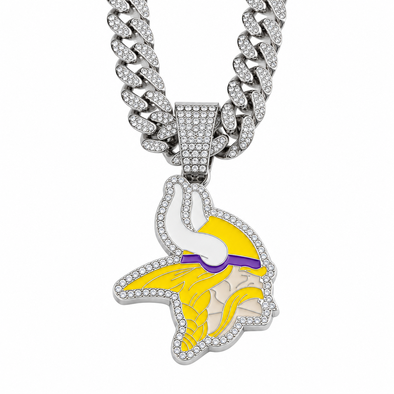 Minnesota Vikings Necklace, Gold Iced Cuban Link Chain with Rhinestone Viking Head Pendant, Football Fan Jewelry
