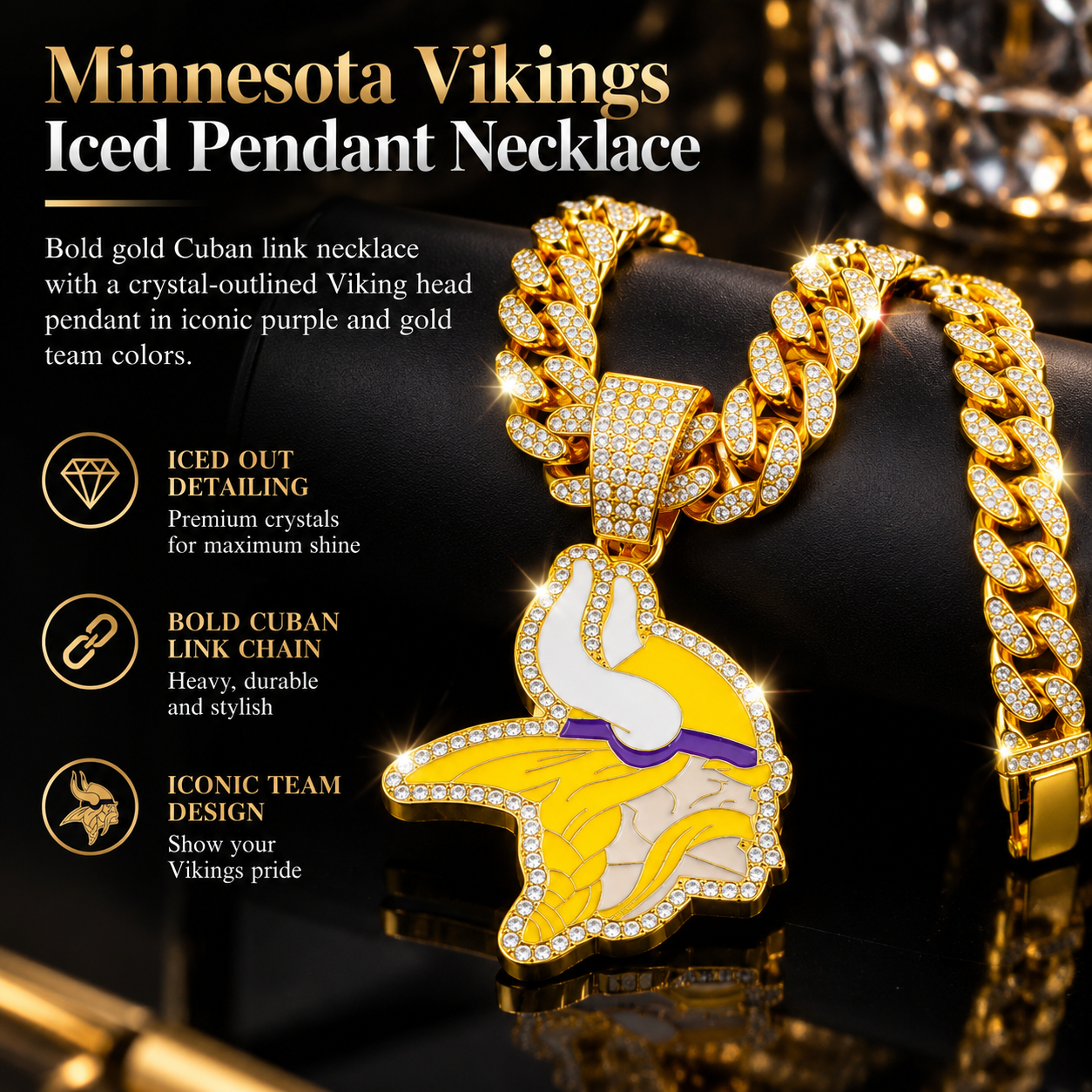 Minnesota Vikings Necklace, Gold Iced Cuban Link Chain with Rhinestone Viking Head Pendant, Football Fan Jewelry