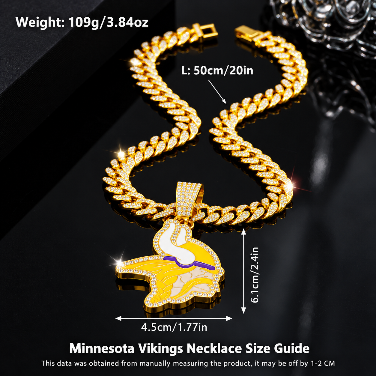 Minnesota Vikings Necklace, Gold Iced Cuban Link Chain with Rhinestone Viking Head Pendant, Football Fan Jewelry