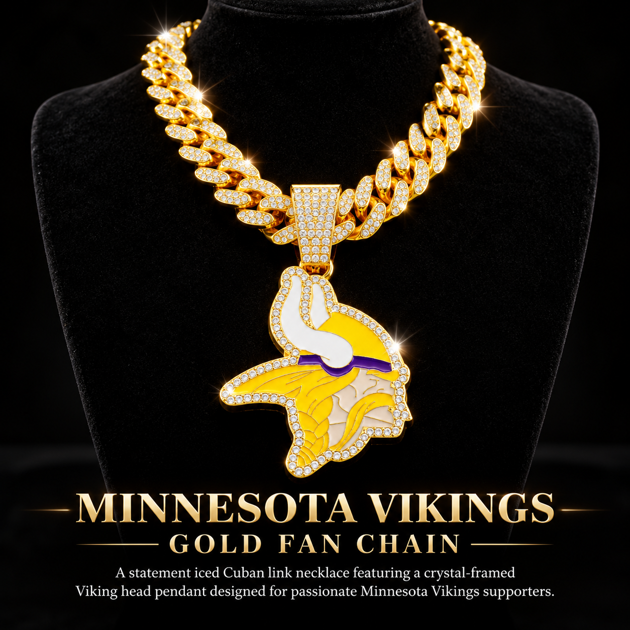 Minnesota Vikings Necklace, Gold Iced Cuban Link Chain with Rhinestone Viking Head Pendant, Football Fan Jewelry
