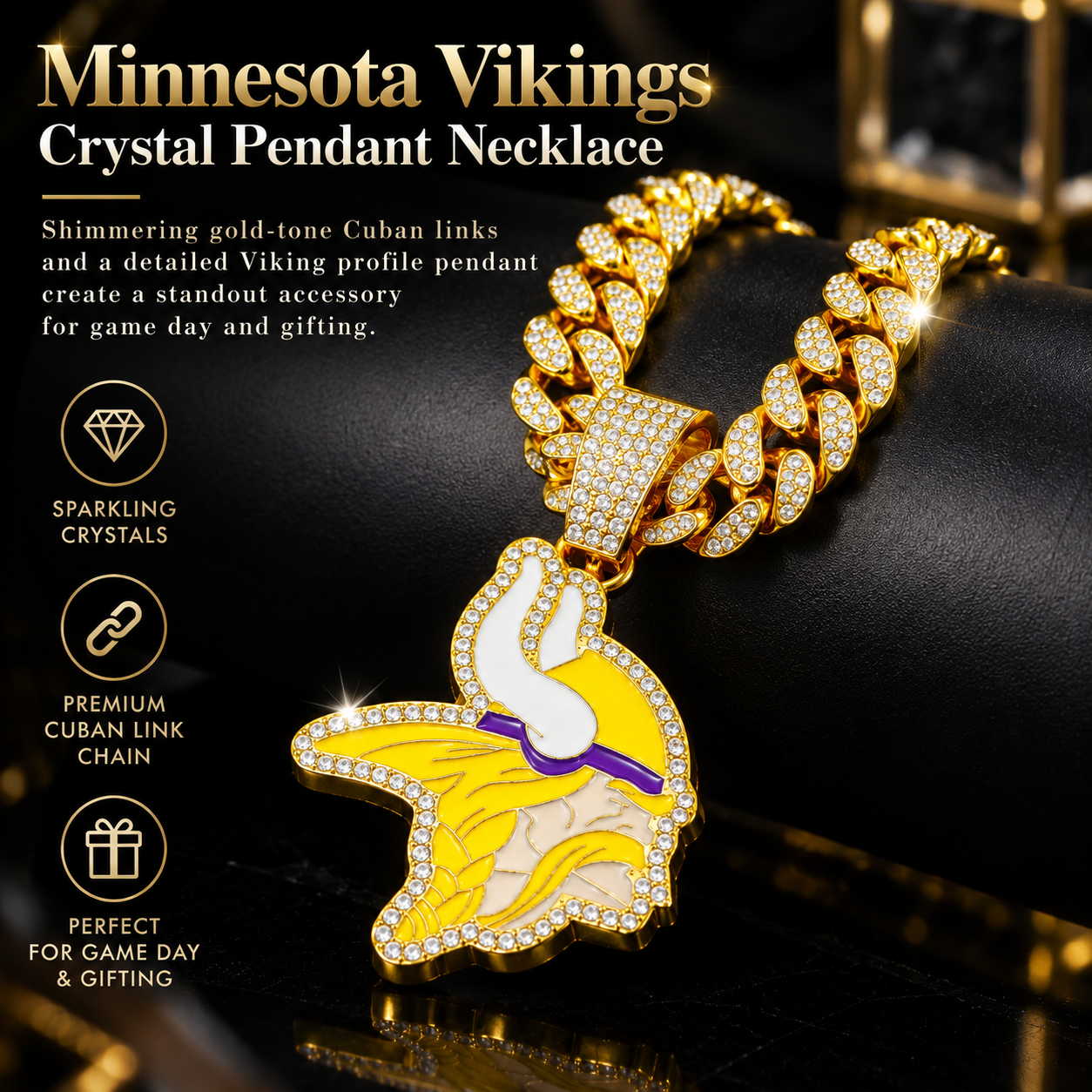 Minnesota Vikings Necklace, Gold Iced Cuban Link Chain with Rhinestone Viking Head Pendant, Football Fan Jewelry