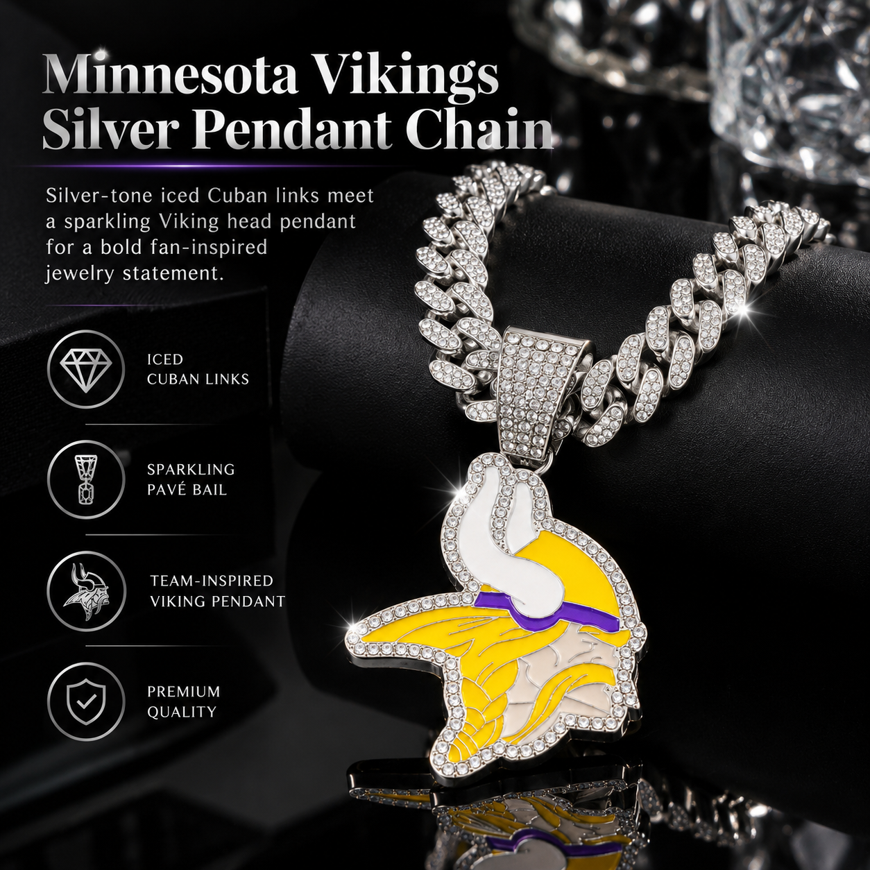 Minnesota Vikings Necklace, Gold Iced Cuban Link Chain with Rhinestone Viking Head Pendant, Football Fan Jewelry