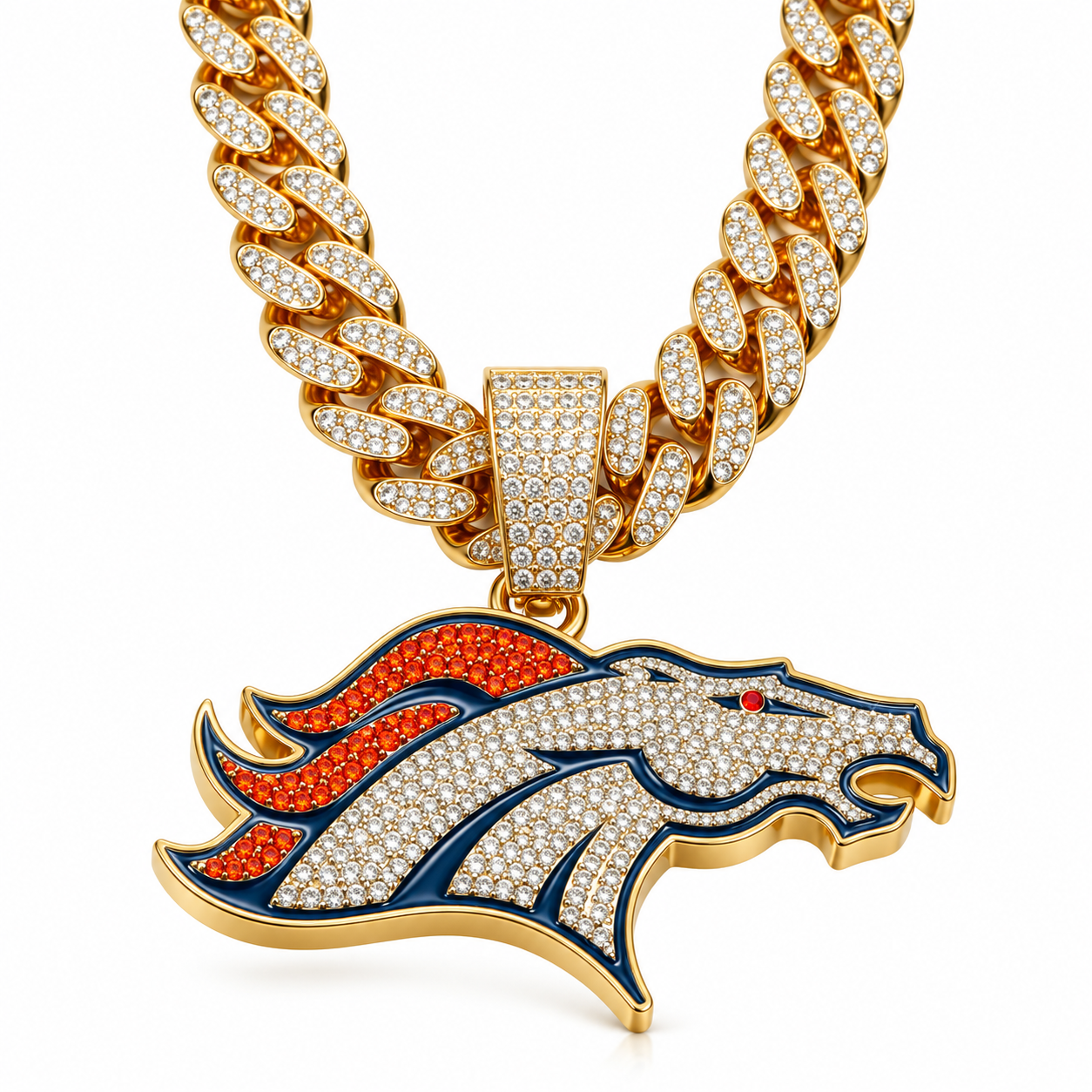 Denver Broncos Necklace, Gold Iced Cuban Link Chain with Rhinestone Horse Head Pendant, Football Fan Jewelry