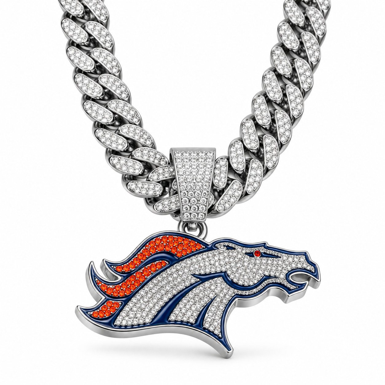 Denver Broncos Necklace, Gold Iced Cuban Link Chain with Rhinestone Horse Head Pendant, Football Fan Jewelry