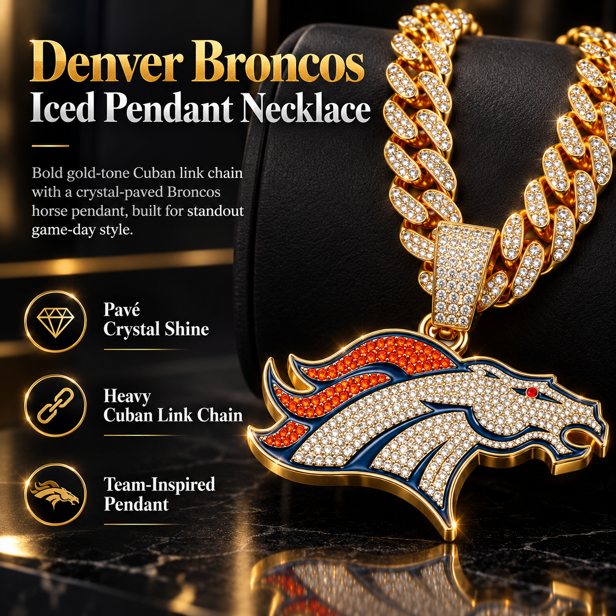 Denver Broncos Necklace, Gold Iced Cuban Link Chain with Rhinestone Horse Head Pendant, Football Fan Jewelry