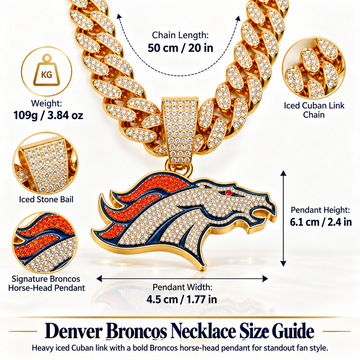 Denver Broncos Necklace, Gold Iced Cuban Link Chain with Rhinestone Horse Head Pendant, Football Fan Jewelry
