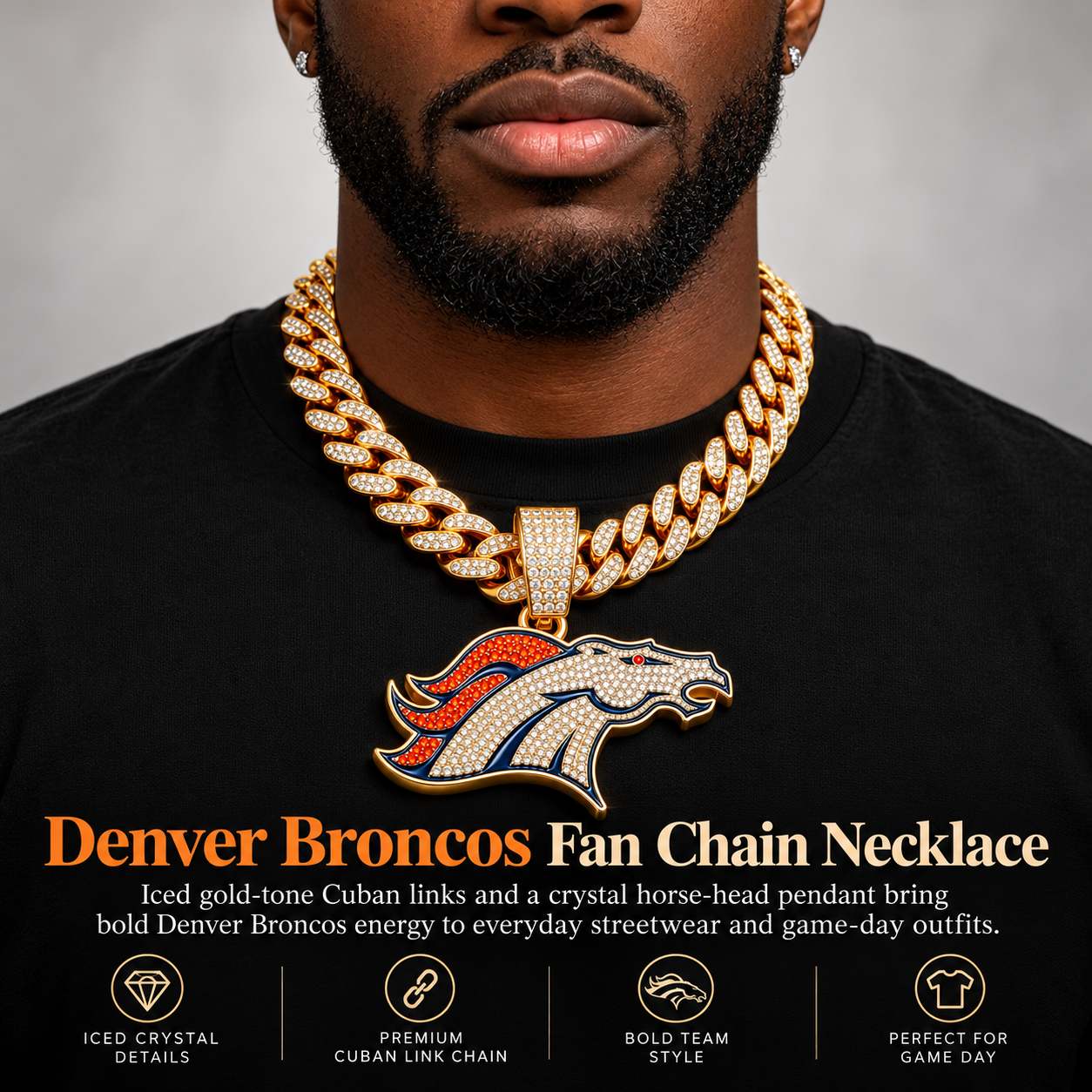 Denver Broncos Necklace, Gold Iced Cuban Link Chain with Rhinestone Horse Head Pendant, Football Fan Jewelry
