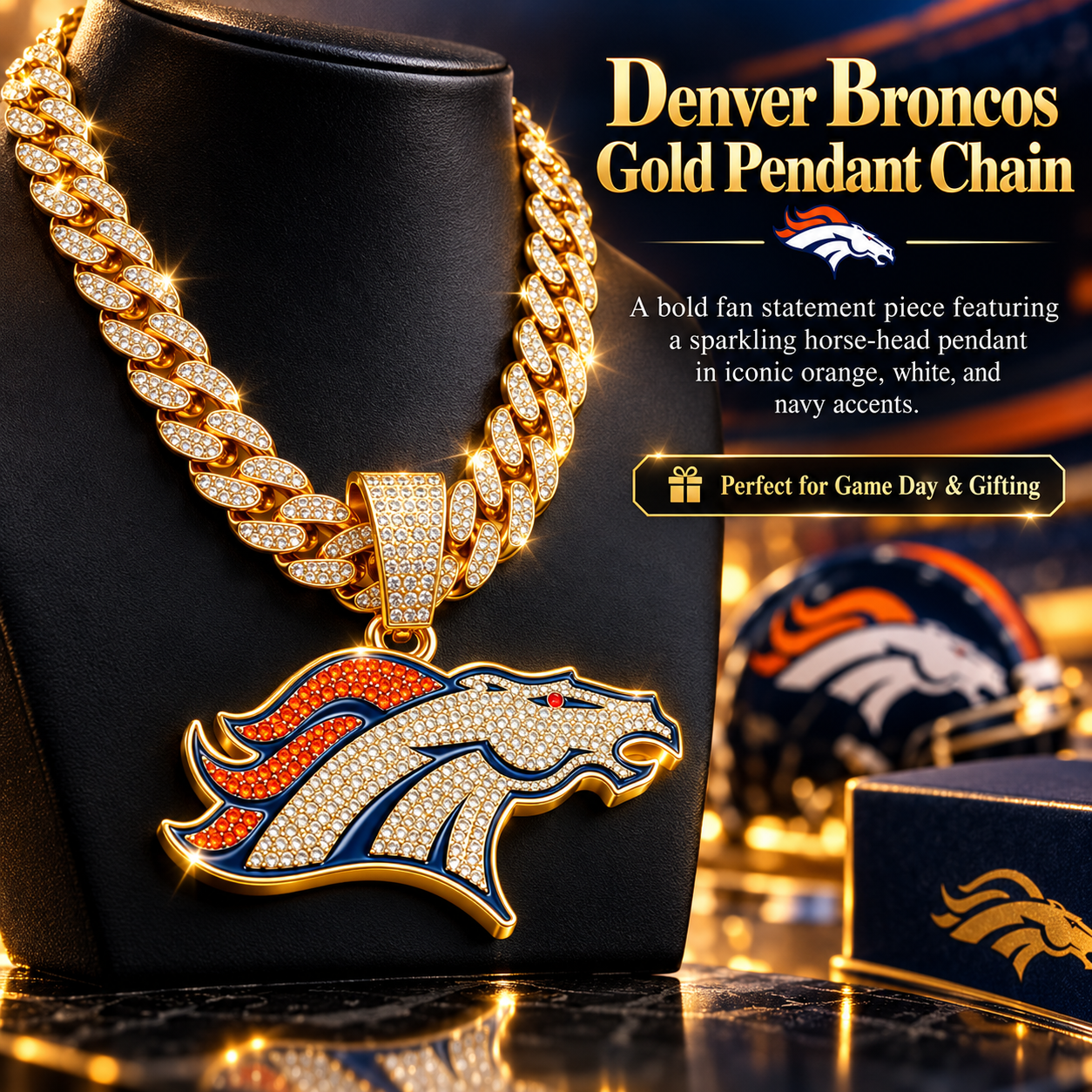 Denver Broncos Necklace, Gold Iced Cuban Link Chain with Rhinestone Horse Head Pendant, Football Fan Jewelry