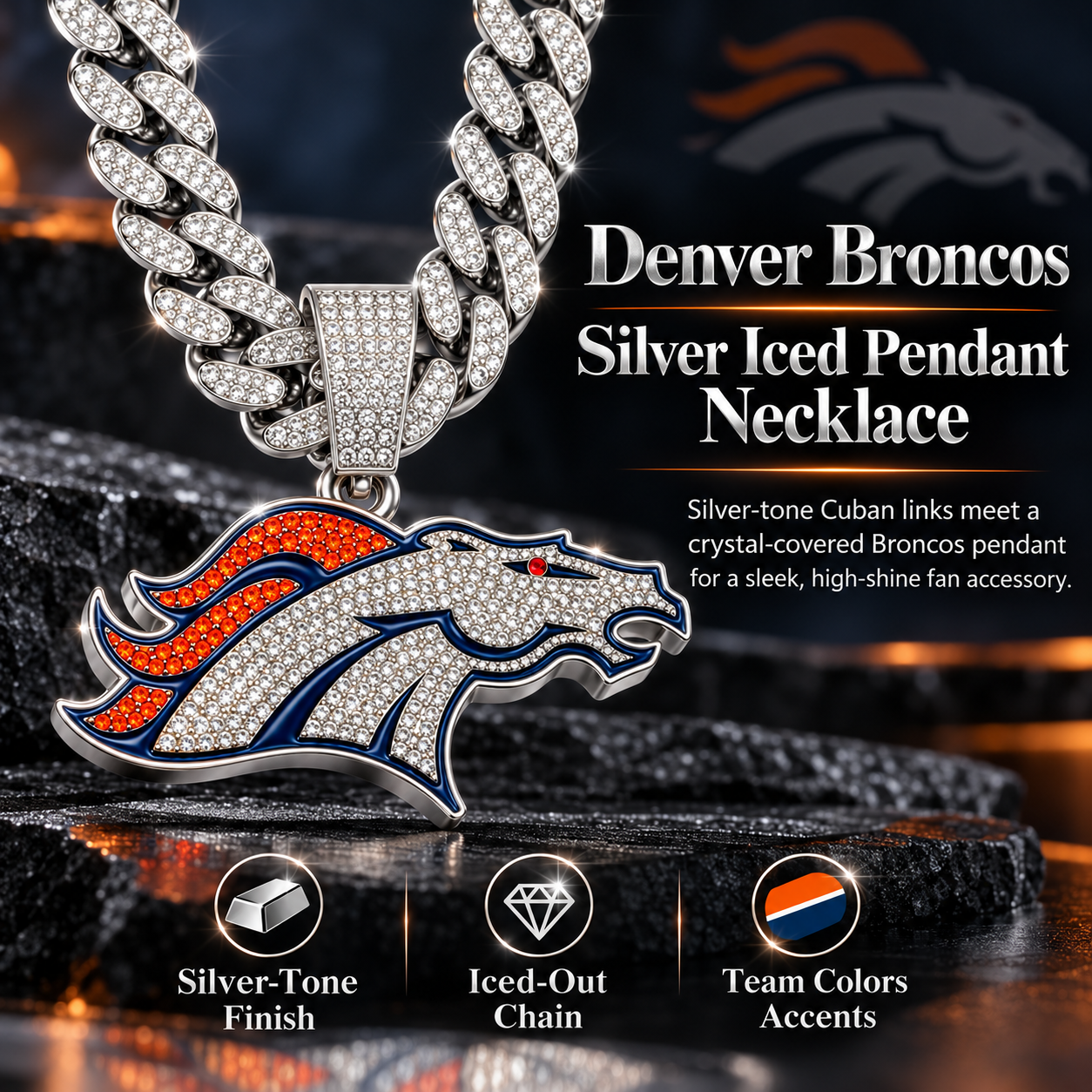 Denver Broncos Necklace, Gold Iced Cuban Link Chain with Rhinestone Horse Head Pendant, Football Fan Jewelry