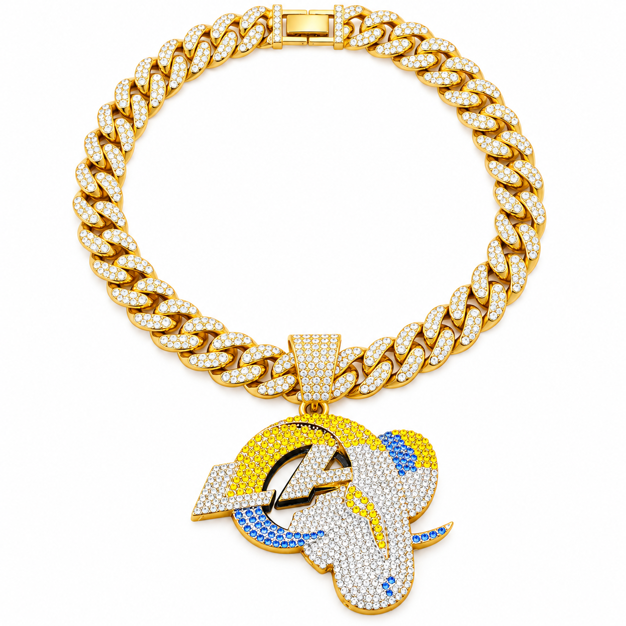 Los Angeles Rams Necklace, Gold Iced Cuban Link Chain with Rhinestone LA Rams Pendant, Football Fan Jewelry
