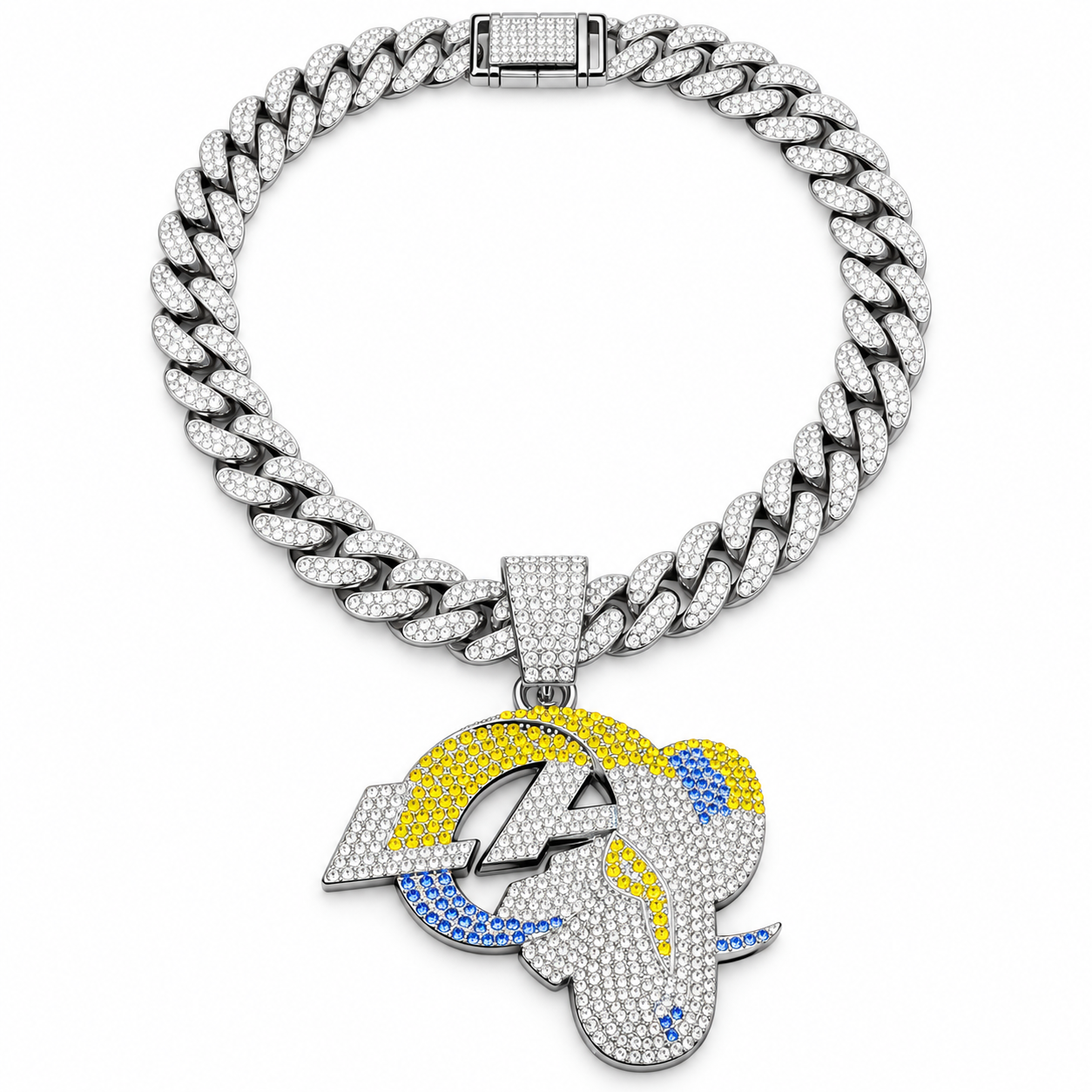 Los Angeles Rams Necklace, Gold Iced Cuban Link Chain with Rhinestone LA Rams Pendant, Football Fan Jewelry