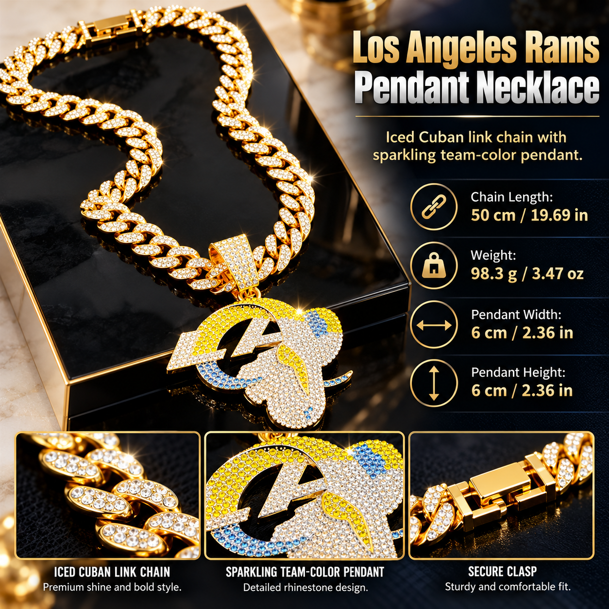 Los Angeles Rams Necklace, Gold Iced Cuban Link Chain with Rhinestone LA Rams Pendant, Football Fan Jewelry