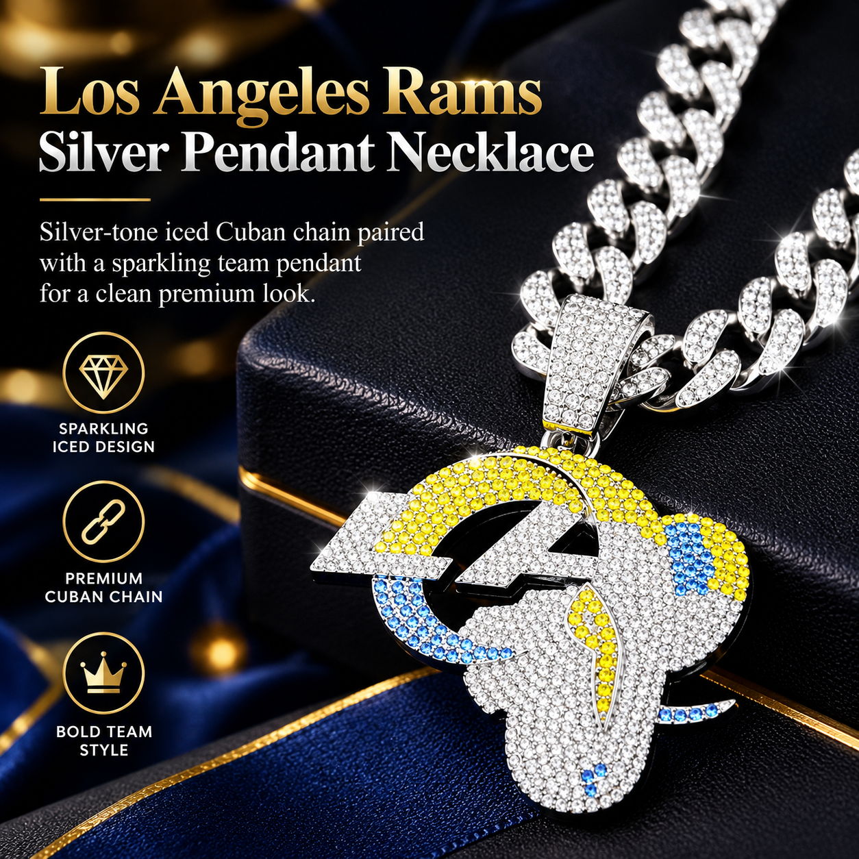 Los Angeles Rams Necklace, Gold Iced Cuban Link Chain with Rhinestone LA Rams Pendant, Football Fan Jewelry