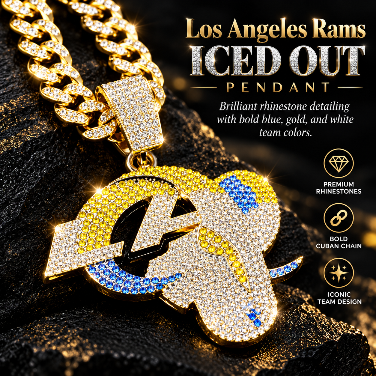 Los Angeles Rams Necklace, Gold Iced Cuban Link Chain with Rhinestone LA Rams Pendant, Football Fan Jewelry