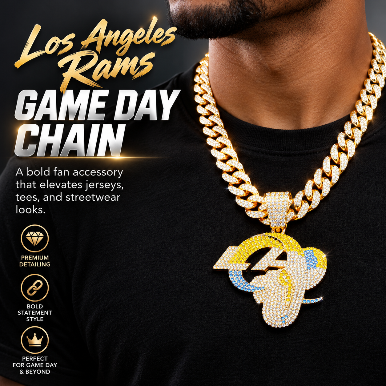 Los Angeles Rams Necklace, Gold Iced Cuban Link Chain with Rhinestone LA Rams Pendant, Football Fan Jewelry