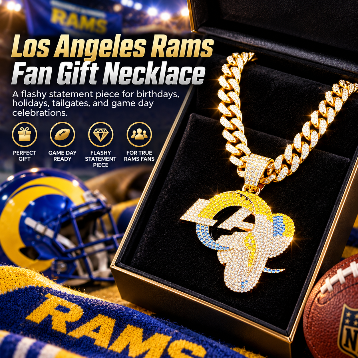 Los Angeles Rams Necklace, Gold Iced Cuban Link Chain with Rhinestone LA Rams Pendant, Football Fan Jewelry