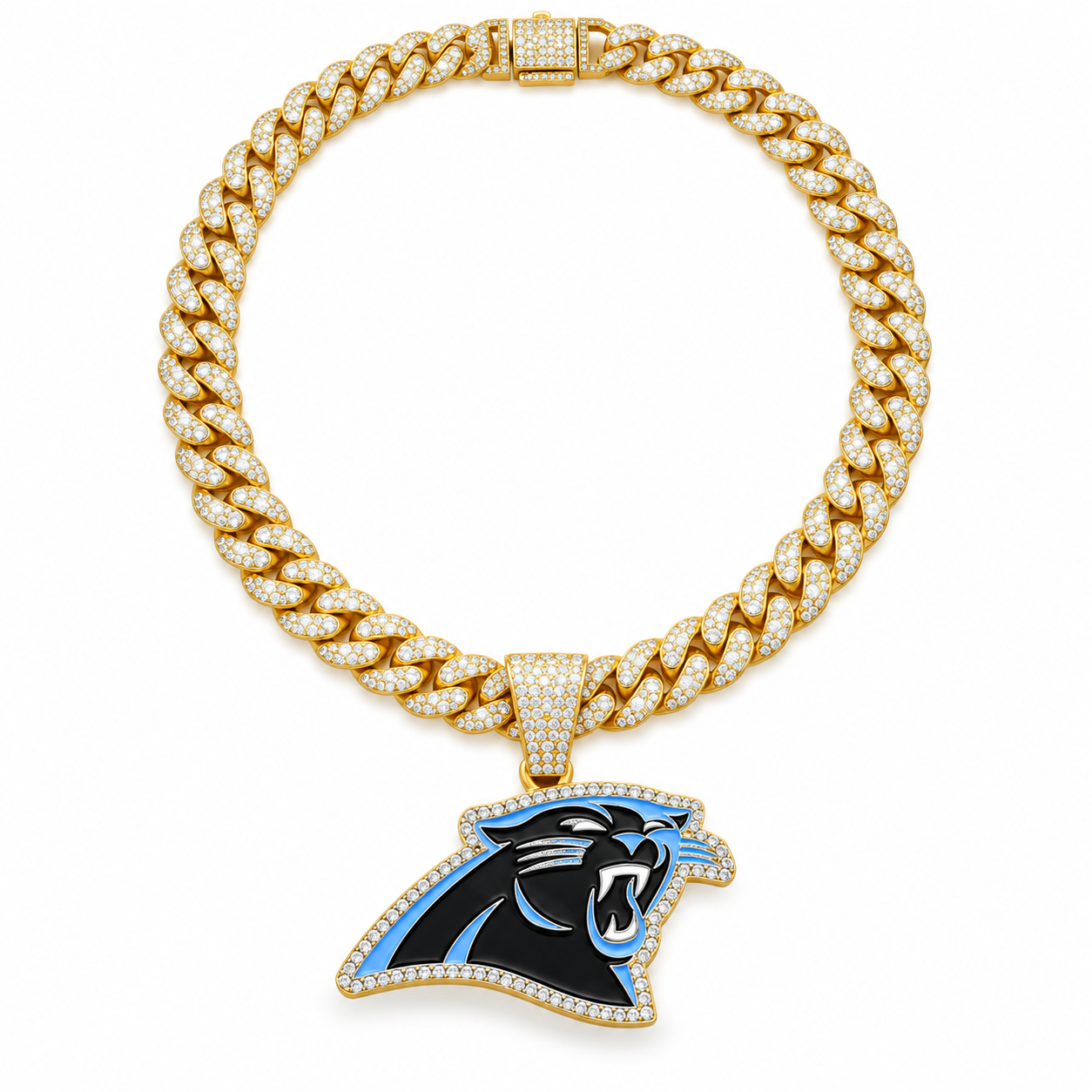 Carolina Panthers Necklace, Gold Iced Cuban Link Chain with Rhinestone Panther Head Pendant, Football Fan Jewelry