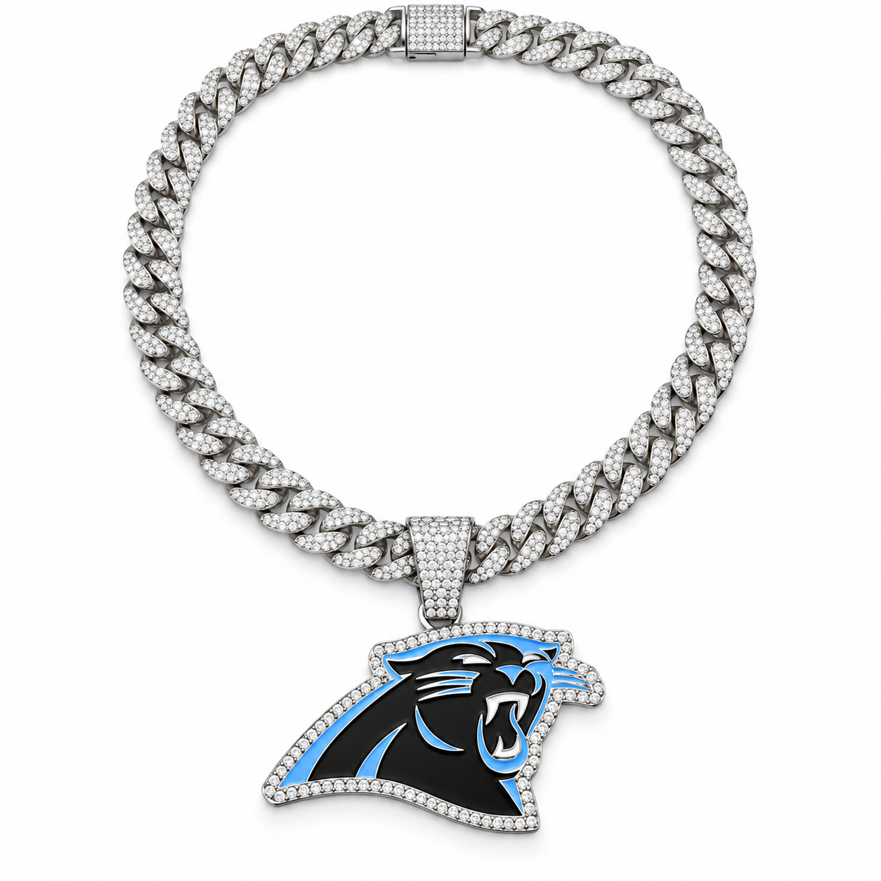 Carolina Panthers Necklace, Gold Iced Cuban Link Chain with Rhinestone Panther Head Pendant, Football Fan Jewelry