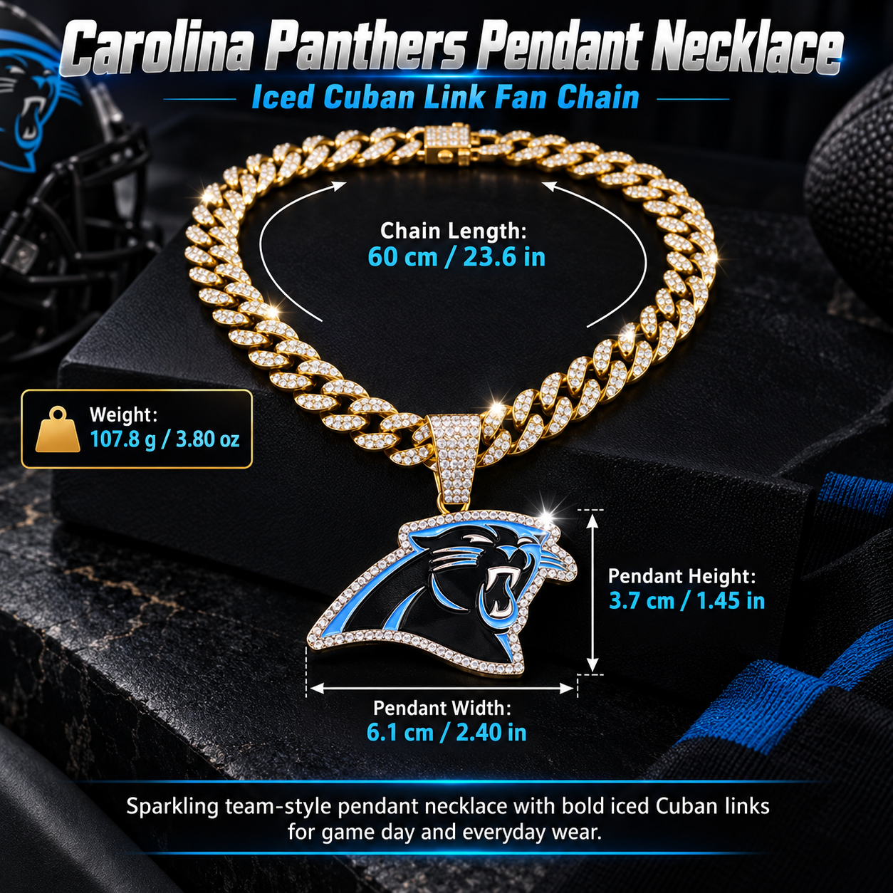 Carolina Panthers Necklace, Gold Iced Cuban Link Chain with Rhinestone Panther Head Pendant, Football Fan Jewelry