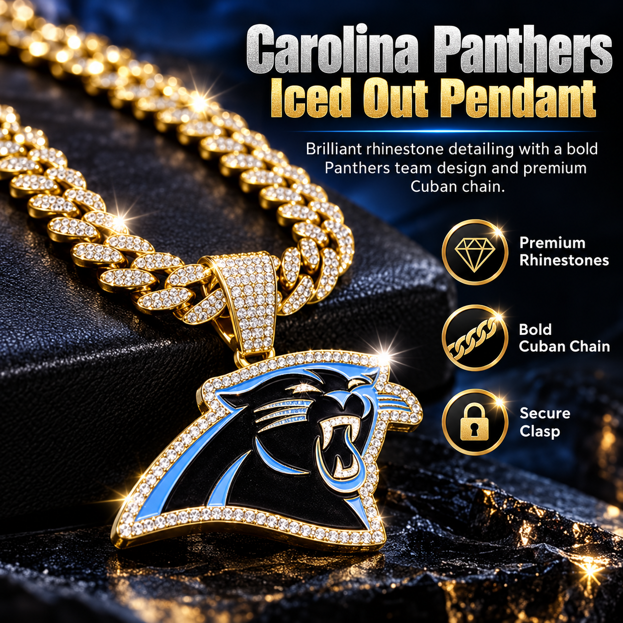 Carolina Panthers Necklace, Gold Iced Cuban Link Chain with Rhinestone Panther Head Pendant, Football Fan Jewelry