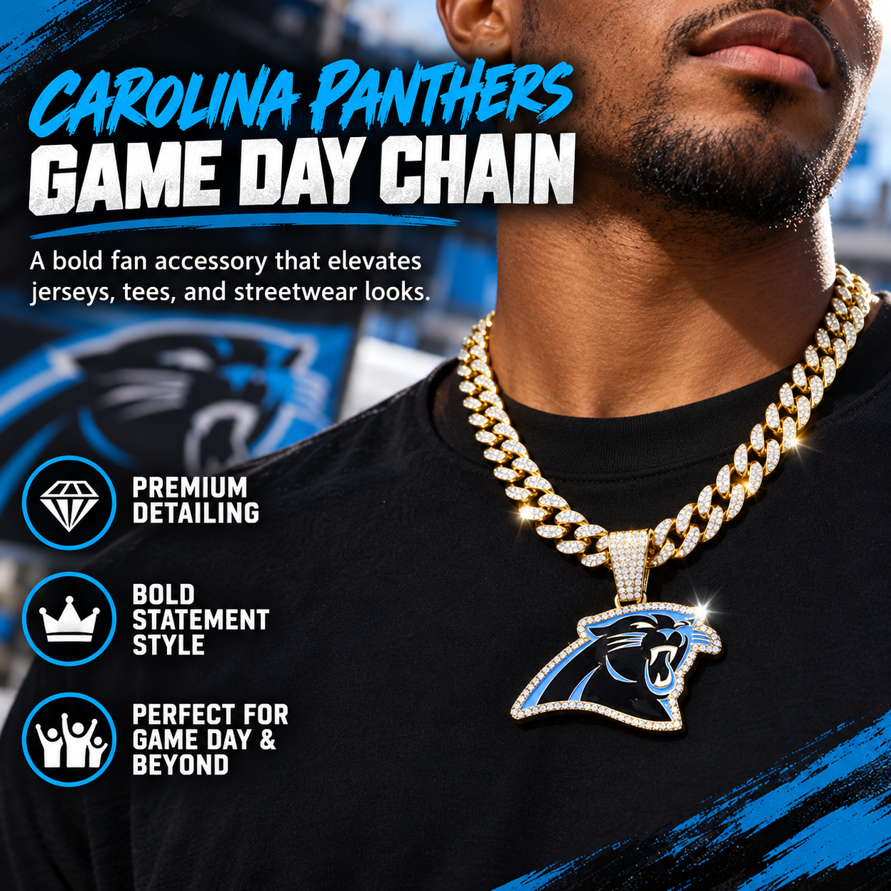 Carolina Panthers Necklace, Gold Iced Cuban Link Chain with Rhinestone Panther Head Pendant, Football Fan Jewelry