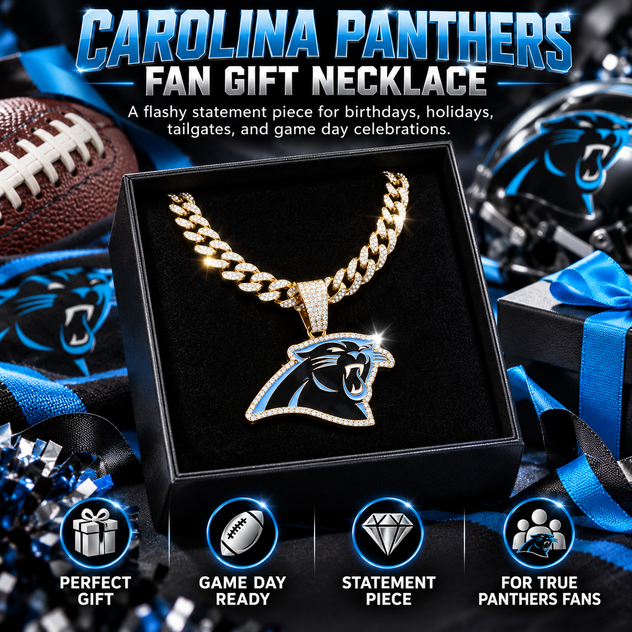 Carolina Panthers Necklace, Gold Iced Cuban Link Chain with Rhinestone Panther Head Pendant, Football Fan Jewelry