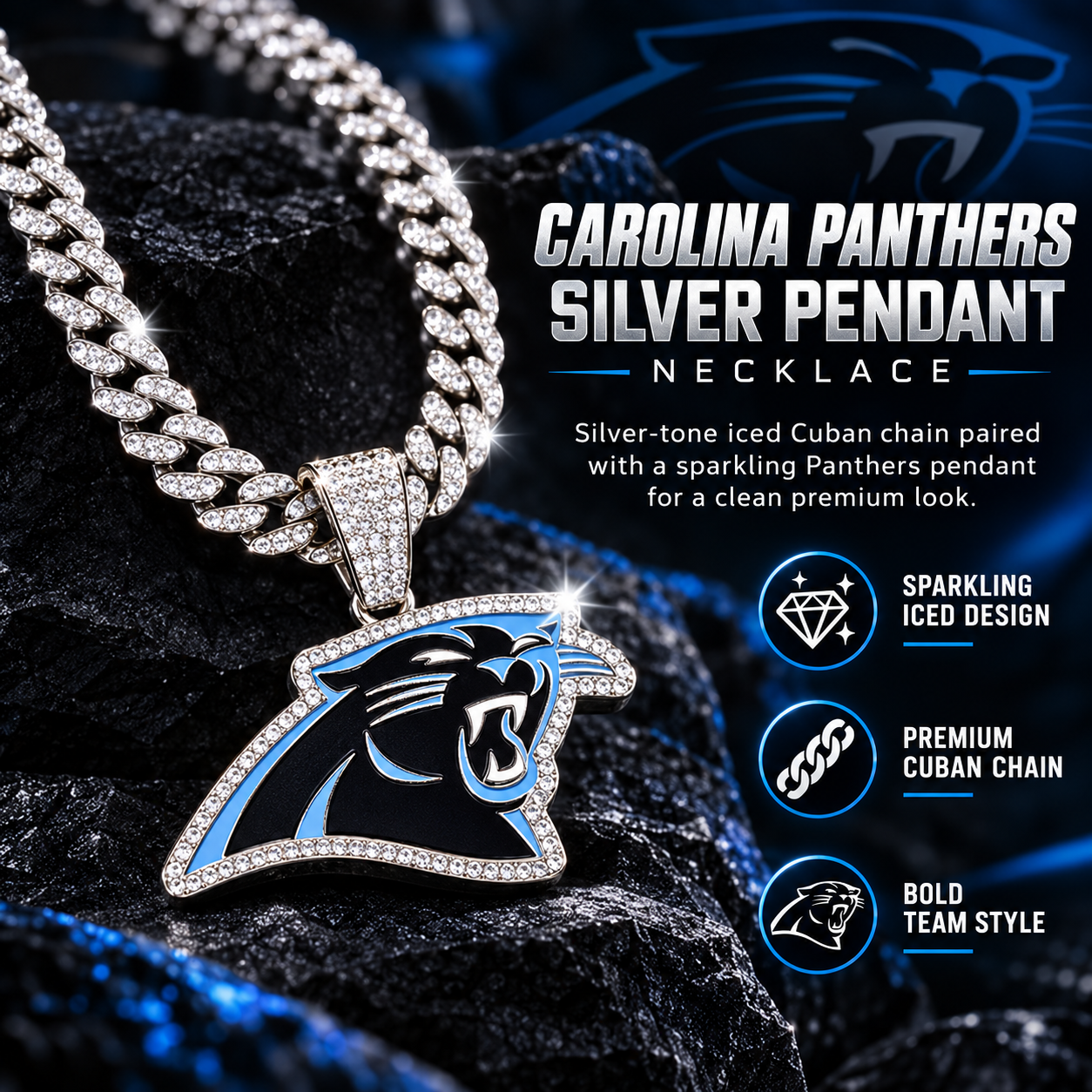 Carolina Panthers Necklace, Gold Iced Cuban Link Chain with Rhinestone Panther Head Pendant, Football Fan Jewelry