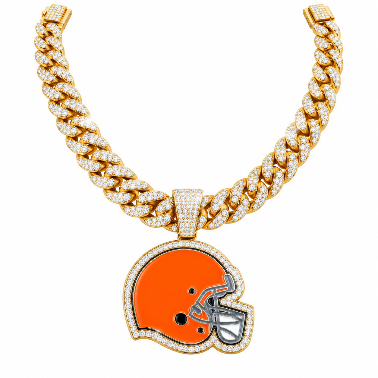 Cleveland Browns Necklace, Gold Iced Cuban Link Chain with Rhinestone Football Helmet Pendant, Football Fan Jewelry