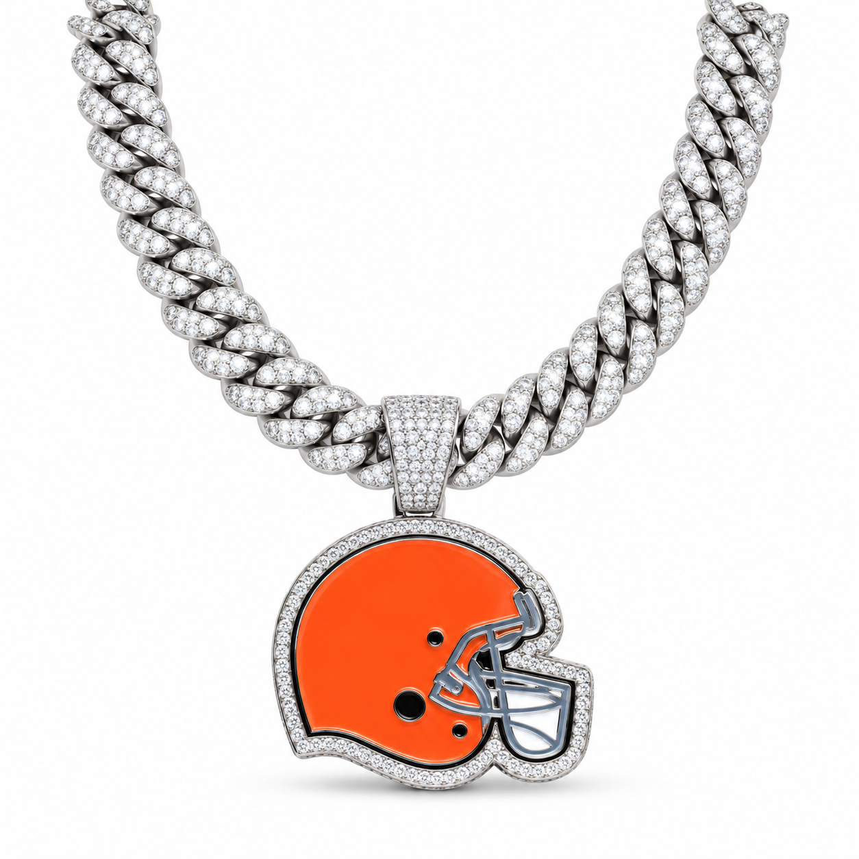 Cleveland Browns Necklace, Gold Iced Cuban Link Chain with Rhinestone Football Helmet Pendant, Football Fan Jewelry